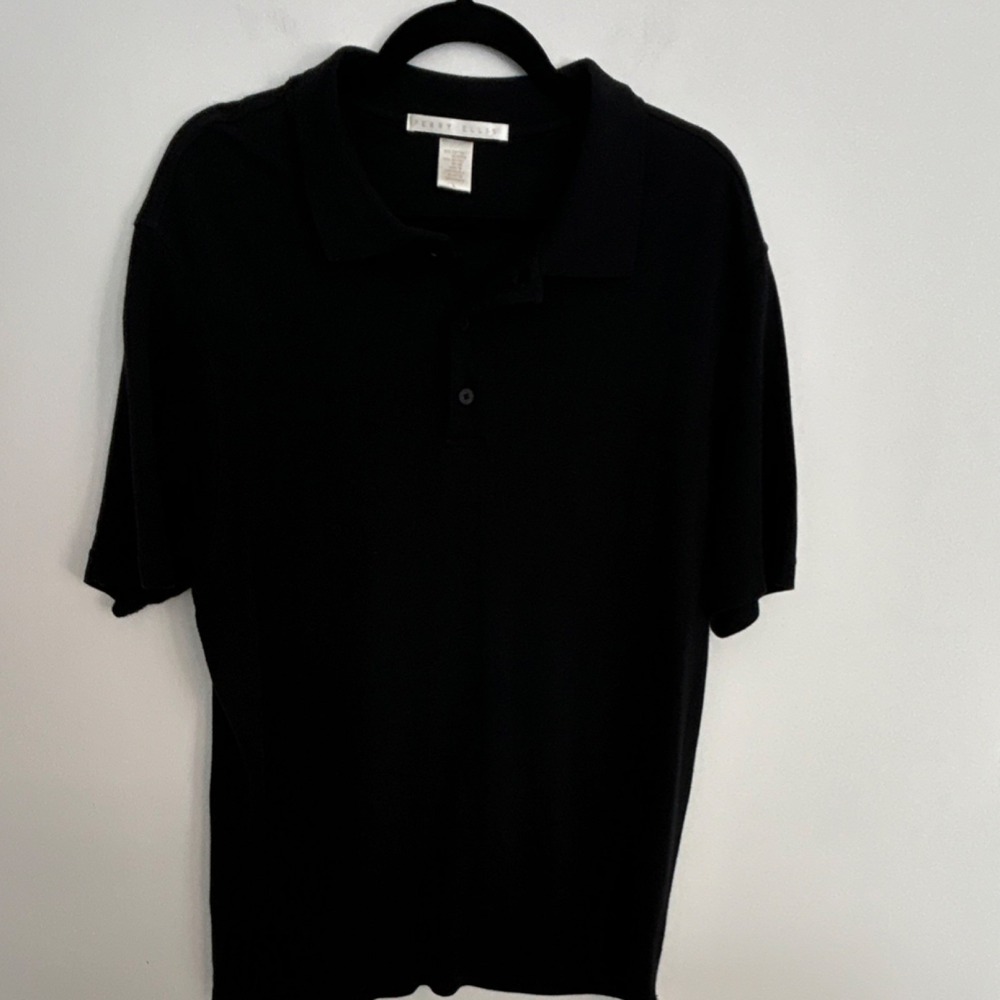 Perry Ellis Men's L Polo Shirt Black Short Sleeve Cotton Rayon Collared Button